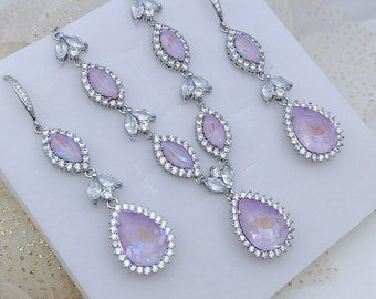 Swarovski Lavender Jewelry Set, Silver Statement Bridal Jewelry Sets, Tear Drop Earrings and Back Drop Necklace Set, Lilac Prom Jewelry