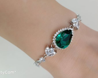 Emerald Bridal Bracelet, Wedding Bracelet, Swarovski Crystal Wedding Jewelry for Brides, Emerald Bracelet, White Gold, Rose Gold