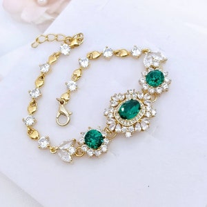 Bracelet vert émeraude Bracelet en or jaune pour mariée Bracelets de mariage émeraude Bijoux de mariée art déco