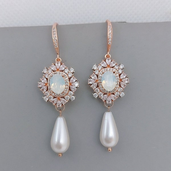 Art Deco Pearl Drop Earrings Bridal Earrings Pearl Statement Earrings Swarovski Oval White Opal Earrings Rose Gold Bridal Jewelry