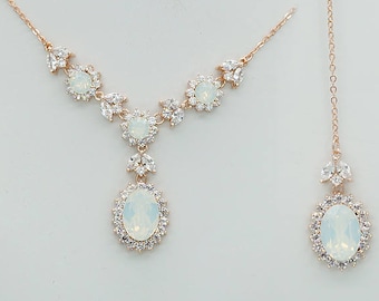 Back Drop Bridal Necklace, Backdrop Wedding Necklace, White opal Swarovski crystal necklace, Statement necklace, Y necklace,Rose Gold