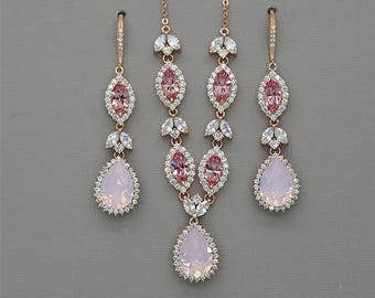Pink Wedding Necklace and Earrings Set, Blush Backdrop Necklace, Bridal Chandelier Earrings, Rose Gold Wedding Jewelry Set for Brides