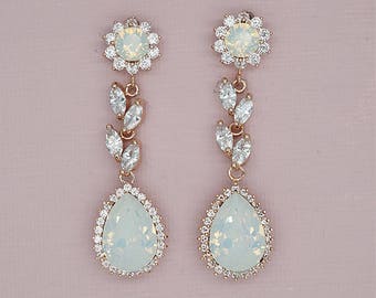 White Opal Earrings Opal Bridal Jewelry Rose Gold Earrings for Wedding Crystal Drop Earrings Swarovski Crystal Jewelry Silver Rose Gold