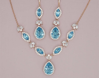 Aquamarine Jewelry Set, Blue Jewelry Sets,Back Drop Necklace and Earrings Sets,  Wedding Jewelry set, Bridal Set Rose Gold