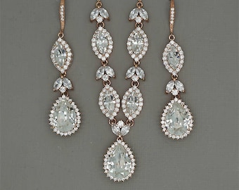Kristallen bruiloftssieradenset Roségouden sieradenset Strass bruidssieradenset Back Drop ketting Statement sieradenset Kristallen oorbellen
