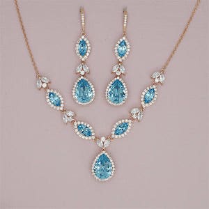 Aquamarine Jewelry Set, Blue Jewelry Sets,Back Drop Necklace and Earrings Sets,  Wedding Jewelry set, Bridal Set Rose Gold