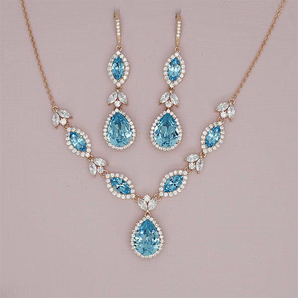 Aquamarine Jewelry Set, Blue Jewelry Sets,Back Drop Necklace and Earrings Sets,  Wedding Jewelry set, Bridal Set Rose Gold