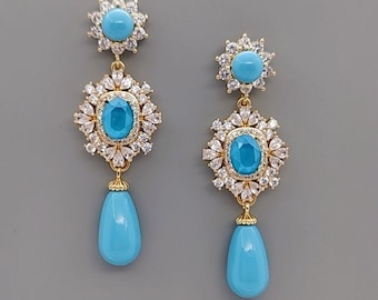 Swarovski Turquoise Blue Earrings, Gold Vintage Style Bridal Earrings, Turquoise Dangle Earrings, Turquoise  Earrings for Wedding