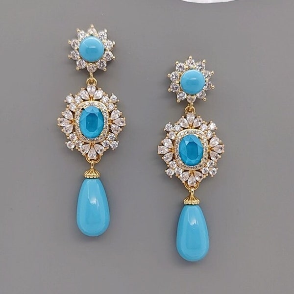 Orecchini blu turchese Swarovski, orecchini da sposa in stile vintage oro, orecchini pendenti turchesi, orecchini a clip turchesi per il matrimonio