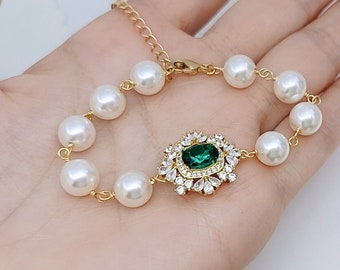 Pulsera de perlas y esmeraldas Pulsera nupcial de perlas Joyas de boda Art Deco doradas Pulsera de cristal verde para novias Swarovski 1920s Romántica