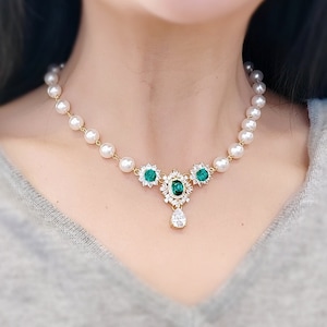 Pearl & Emerald Crystal Necklace: Gold Art Deco Bridal Jewelry