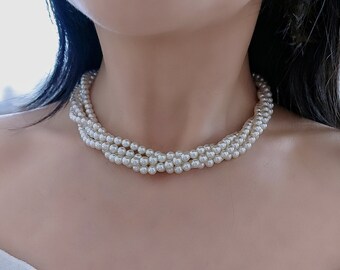 Twisted Pearl Wedding Necklace, Multi Strand Pearl Chocker for Bride, Off white Ivory Swarovski Pearl Statement Bridal Jewelry