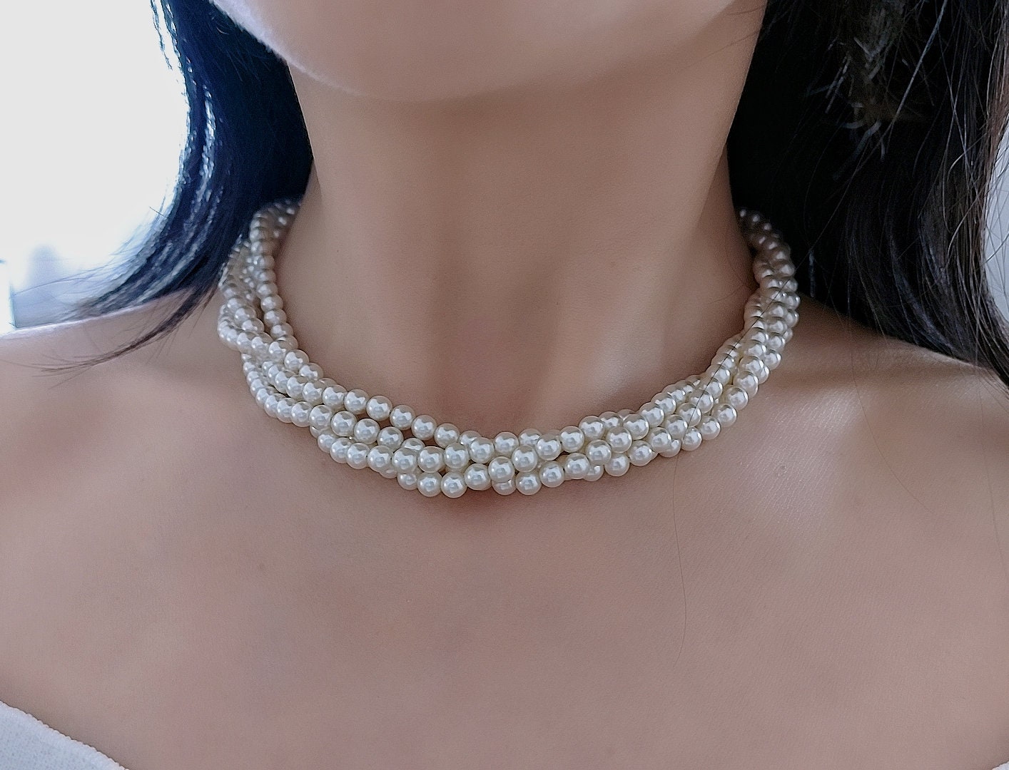 Twisted Pearl Wedding Necklace, Multi Strand Pearl Chocker for