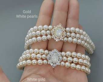 Pearl Gold Wedding Bracelet, Swarovski White Opal, Multi Strand Bridal Jewelry