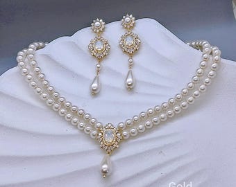 Vintage stijl parel statement ketting oorbellen sieraden set, meerstrengige bruidsketting lange parel druppel gouden bruiloft oorbellen witte opaal