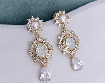 Swarovski White Opal and Pearl Earrings, Gold Statement Earrings, Intricate Victorian Wedding Earrings for Bride, Gold Opal Bridal Jewelry