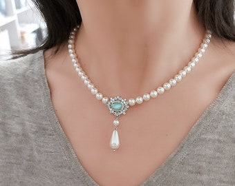 Collier de mariée en perles blanches, collier de perles art déco en argent avec goutte, collier de mariage simple brin, bijoux de mariée vert menthe