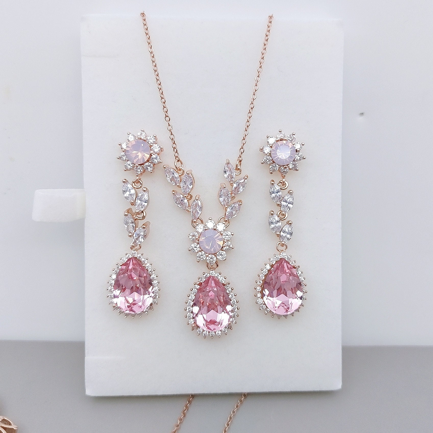 Pink Bridal Jewelry Set, Rose Gold Earrings and Necklace Set, Swarovski Pink Opal Crystal Tear Drop Earrings Set, Pink Prom Jewelry Set