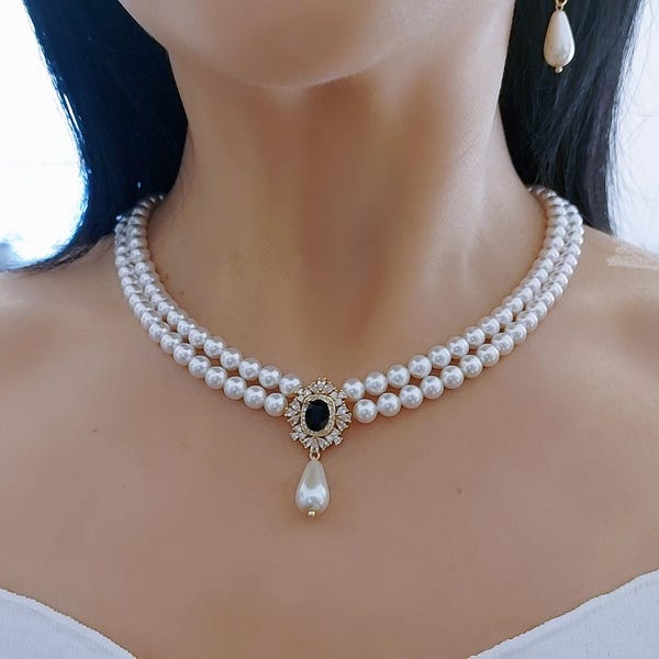 Swarovski Black Crystal Multi Strand Pearl Chocker Necklace, Two Strand Pearl Vintage Style Bridal Necklace, statement Wedding Jewelry