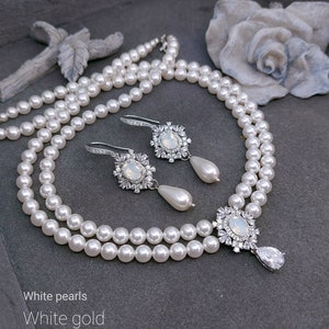 Collier de perles multirangs, boucles d'oreilles pendantes, perles art déco, parure de bijoux de mariée, opale blanche, tour de cou 2 rangs avec pendentif, or rose image 8