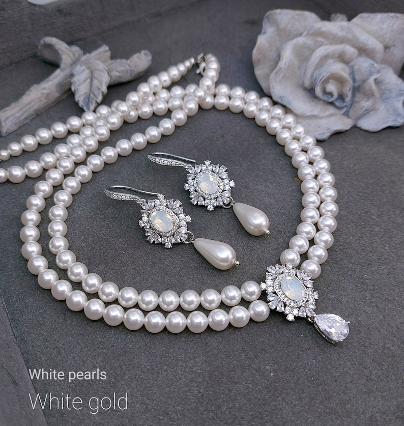 Collier de perles multirangs, boucles d'oreilles pendantes, perles art déco, parure de bijoux de mariée, opale blanche, tour de cou 2 rangs avec pendentif, or rose image 8