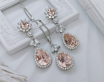 Blush Necklace and Earrings Set, Blush Pink Silver Bridal Jewelry Set, Halo Stud chandelier Earrings Tear Drop Pendant Necklace Set