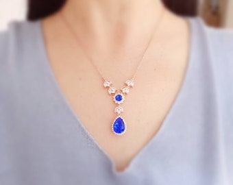 sapphire necklace, Back Drop Necklace royal blue Bridal Necklace Backdrop Wedding Necklace Gold Bridal Jewelry with Swarovski Rhinestones