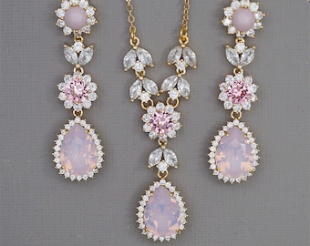 Pink Crystal Necklace Earrings Set, Pink Bridal Jewelry, Swarovski rhinestone Jewelry, Pink Opal Jewelry Set, Gold Wedding Jewelry