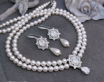 Ensemble de boucles d'oreilles pendantes ras du cou de mariée avec perles blanches, ensemble de bijoux de mariage avec collier de perles multi-rangs, ensemble de bijoux de mariage en argent art déco