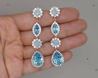 Boucles d'oreilles aigue-marine longues boucles d'oreilles de mariée Bijoux en cristal bleu Swarovski pour la mariée, boucles d'oreilles de mariage en or rose, quelque chose de bleu