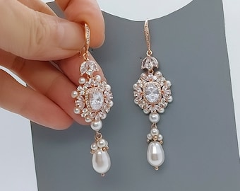 Rose Gold Pearl Cluster Earrings, Long Statement Bridal Earrings, Vintage Style CZ Swarovski Pearl Wedding Jewelry for Bride, Prom Earrings