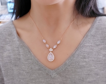 Stoffige roze bruidsketting, roségouden achtergrondketting, stoffige roze kristallen druppel bruiloftssieraden, blush roze achterkant ketting voor bruid