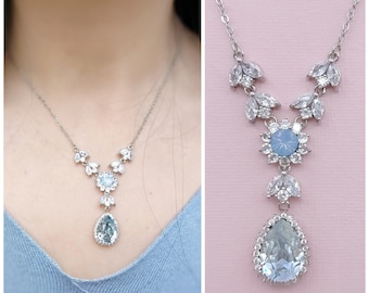 Dusty Blue Necklace, Silver Backdrop Bridal Necklace, Light Grey Blue Teardrop Y Necklace, CZ Swarovski Blue Opal Jewelry Rose Gold