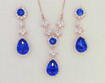 Royal Blue Jewelry Set Bridal Earrings Back Drop Necklace Swarovski Crystal Jewelry for brides, mother of bride earrings, rose gold necklace