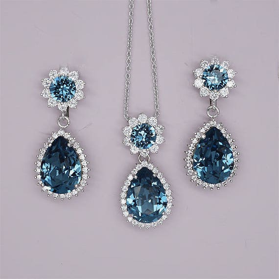 Navy Blue Bridesmaid Jewelry Set, Silver Teardrop Necklace and Earring Set, Bridesmaid Gift, Navy Bridesmaid Set, Rose Gold Jewelry Sets