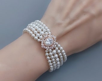 Pearl Statement Bridal Bracelet, Rose Gold Vintage Style Wedding Jewelry, Multi Strands Pearl Bracelet in Off White and Ivory
