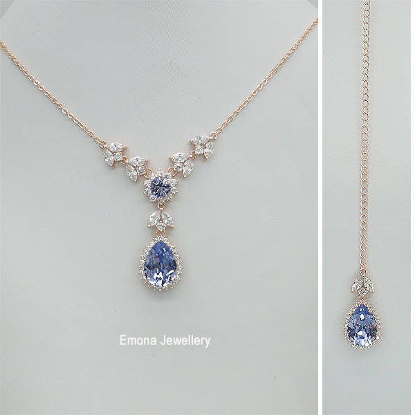 Collier goutte dans le dos, collier de mariée violet, toile de fond, collier de mariage, bijoux de mariée en or rose avec strass Swarovski