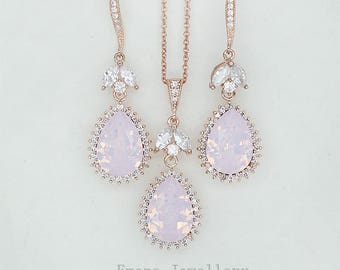 Pink Wedding Jewelry Sets Pink Crystal Earrings Pink Bridesmaids Jewelry set Swarovski Pink Opal Jewelry Bridesmaid Gift Rose Gold Silver