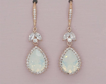 White Opal Earrings Opal Bridal Jewelry Rose Gold Earrings for Wedding Crystal Drop Earrings Swarovski Crystal Jewelry Silver Rose Gold