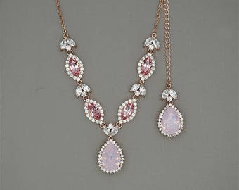 Bridal Necklace, Backdrop Necklace, Blush  Necklace, Back Drop Necklace for Brides,  Swarovski Pink Opal Wedding Necklace
