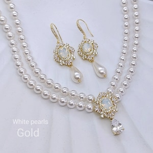 Collier de perles multirangs, boucles d'oreilles pendantes, perles art déco, parure de bijoux de mariée, opale blanche, tour de cou 2 rangs avec pendentif, or rose image 7