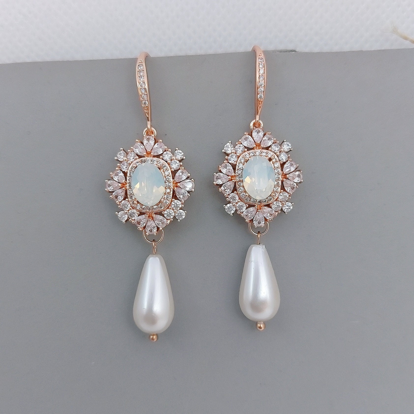 Art Deco Pearl Drop Earrings Bridal Earrings Pearl Statement Earrings Swarovski Oval White Opal Earrings Rose Gold Bridal Jewelry