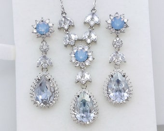 Dusty Blue Earrings backdrop Necklace Jewelry Set Swarovski Crystal Jewelry Set Blue Bridal Necklace Chandelier Earrings silver rose gold