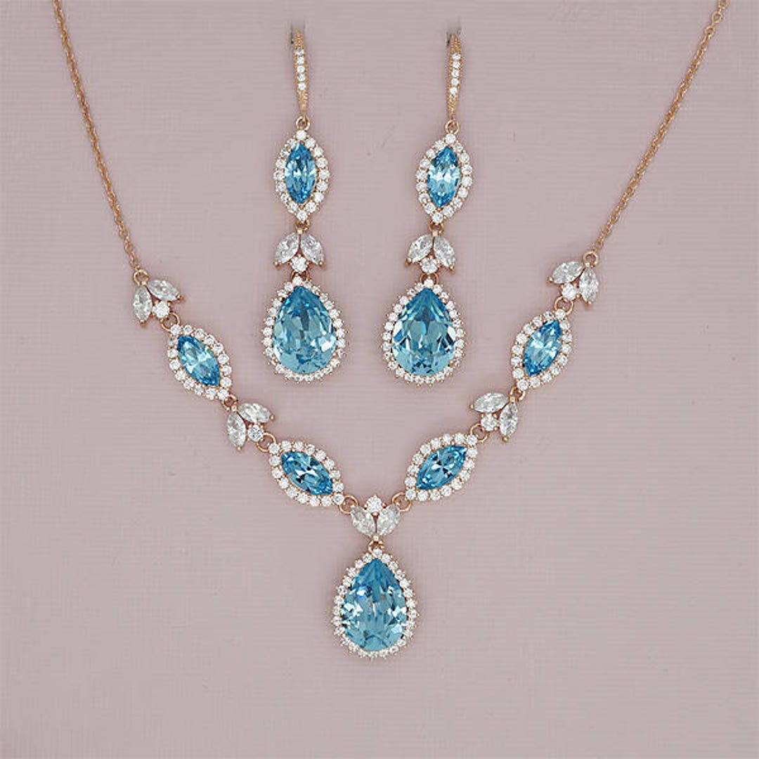 Aquamarine Jewelry Set, Blue Jewelry Sets,back Drop Necklace and
