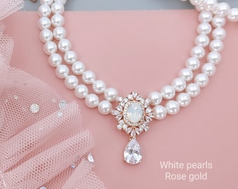 Rose Gold Pearl Necklace Wedding Pearl Choker Necklace Multi Strand Beaded  Pearl Choker with Pendant White Opal Bridal Jewelry Teardrop - Main Image