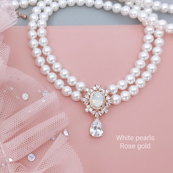 Rose Gold Pearl Necklace Wedding Pearl Choker Necklace Multi Strand Beaded Pearl Choker With Pendant White Opal Bridal Jewelry Teardrop Etsy