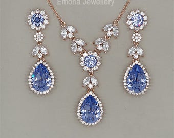 Purple Crystal Jewelry Set Bridal Earrings Back Drop Necklace Wedding Jewelry Set Swarovski Tanzanite Rhinestone Jewelry