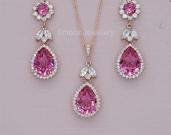 Conjunto de joyas para dama de honor, conjuntos de joyas nupciales de color rosa intenso, collar y pendientes de boda de oro rosa, conjunto de joyas de cristal Swarovski, plata