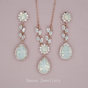 Wedding Jewelry Set Backdrop Necklace Wedding Opal Bridal Earrings Rose Gold Bridal Jewelry Swarovski White Opal Rhinestone Jewelry