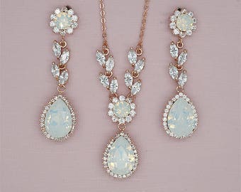 Bruiloft Sieraden Set Achtergrond Ketting Bruiloft Opaal Bruidsoorbellen Rose Gouden Bruidssieraden Swarovski Witte Opaal Strass Sieraden